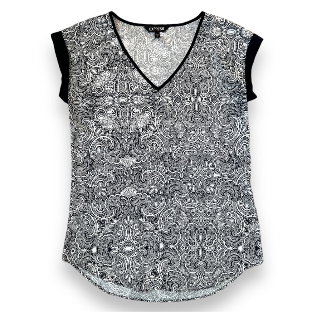 Express Satin V-Neck Cuffed Short Sleeve Paisley Blouse | EUC Size XS